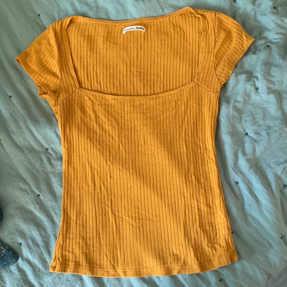 Reformation Golden Mustard Ribbed Short Cap Sleeve Top
